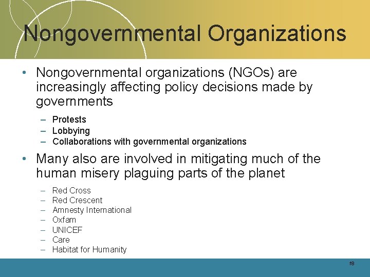Nongovernmental Organizations • Nongovernmental organizations (NGOs) are increasingly affecting policy decisions made by governments Nongovernmental Organizations • Nongovernmental organizations (NGOs) are increasingly affecting policy decisions made by governments
