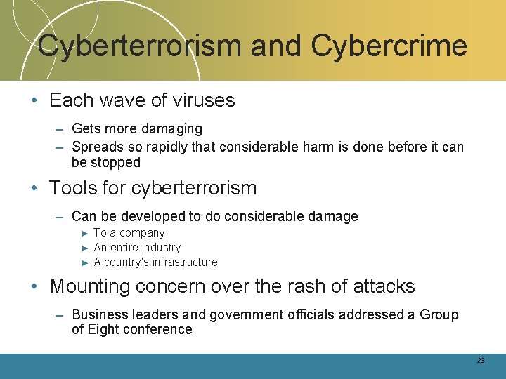 Cyberterrorism and Cybercrime • Each wave of viruses – Gets more damaging – Spreads Cyberterrorism and Cybercrime • Each wave of viruses – Gets more damaging – Spreads