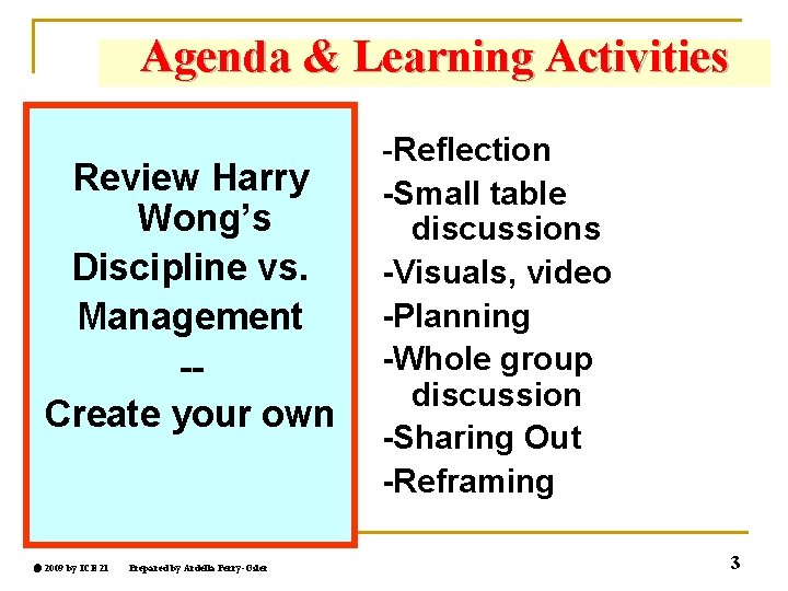 Agenda & Learning Activities Review Harry Wong’s Discipline vs. Management -Create your own 2009
