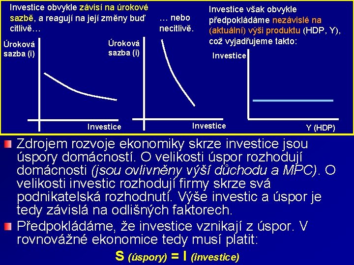 Investice obvykle závisí na úrokové sazbě, a reagují na její změny buď … nebo