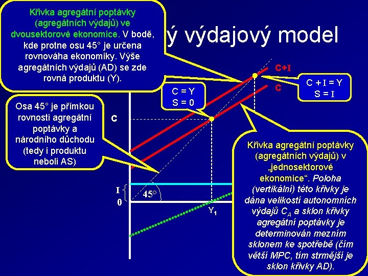 Křivka agregátní poptávky (agregátních výdajů) ve dvousektorové ekonomice. V bodě, kde protne osu 45°