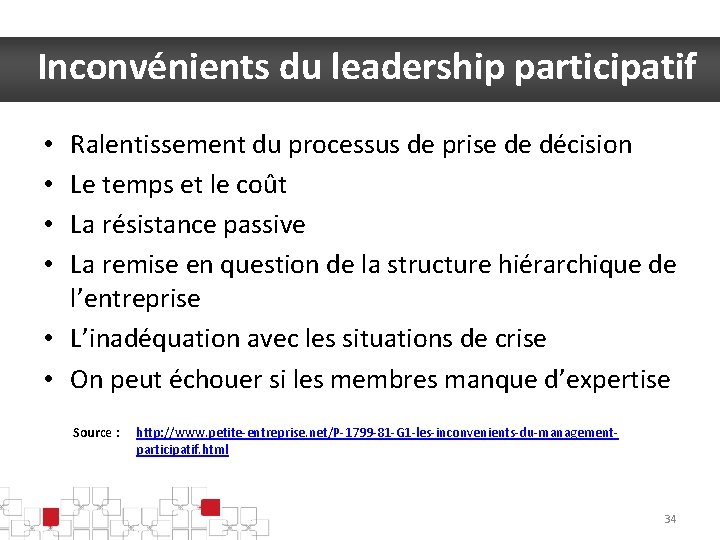 Inconvénients du leadership participatif Ralentissement du processus de prise de décision Le temps et