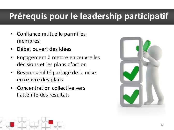 Prérequis pour le leadership participatif • Confiance mutuelle parmi les membres • Débat ouvert