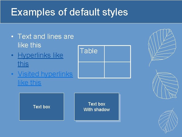 Examples of default styles • Text and lines are like this Table • Hyperlinks