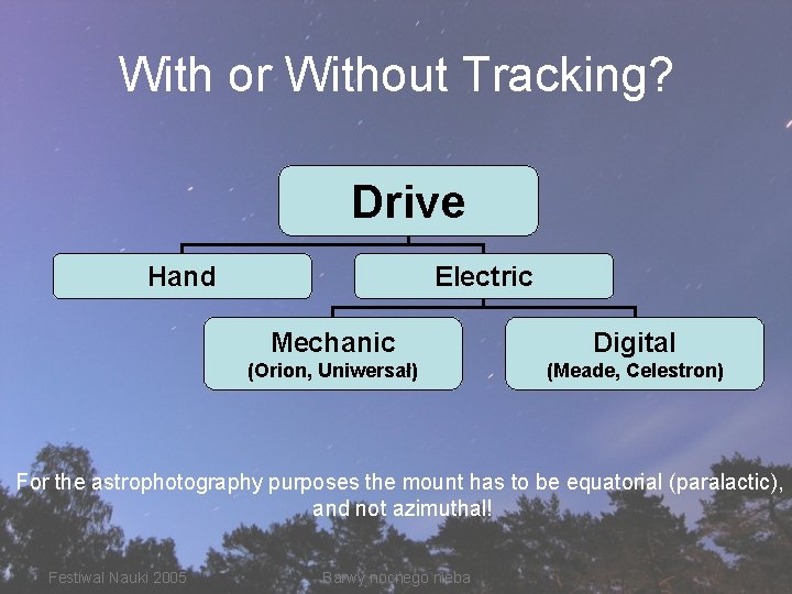 With or Without Tracking? Drive Hand Electric Mechanic Digital (Orion, Uniwersał) (Meade, Celestron) For