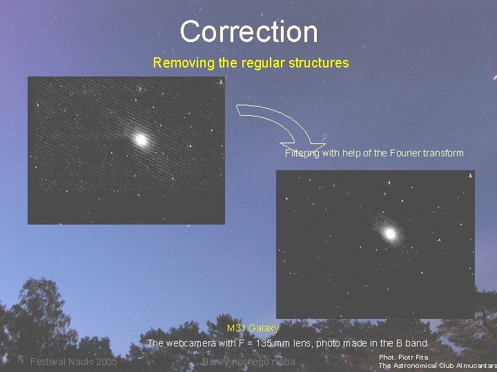 Correction Removing the regular structures Filtering with help of the Fourier transform M 31