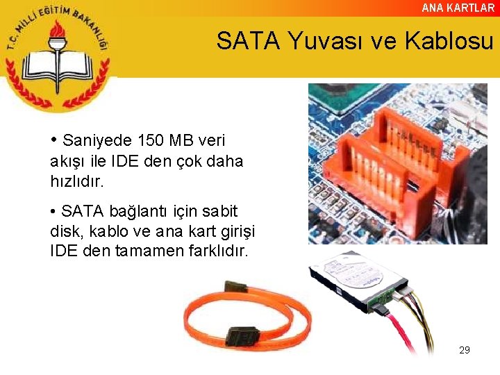 ANA KARTLAR SATA Yuvası ve Kablosu • Saniyede 150 MB veri akışı ile IDE