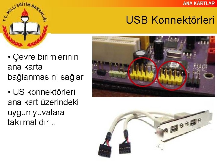 ANA KARTLAR USB Konnektörleri • Çevre birimlerinin ana karta bağlanmasını sağlar • US konnektörleri