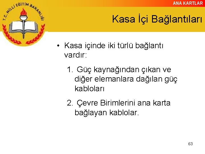 ANA KARTLAR Kasa İçi Bağlantıları • Kasa içinde iki türlü bağlantı vardır: 1. Güç