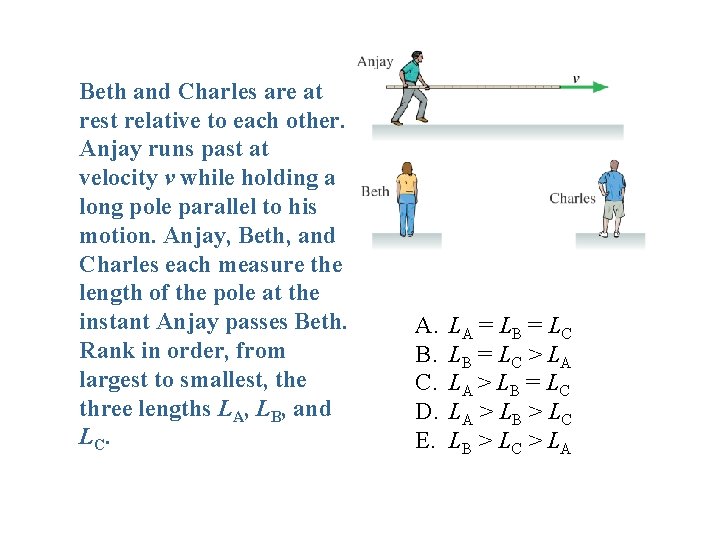 Beth and Charles are at rest relative to each other. Anjay runs past at Beth and Charles are at rest relative to each other. Anjay runs past at