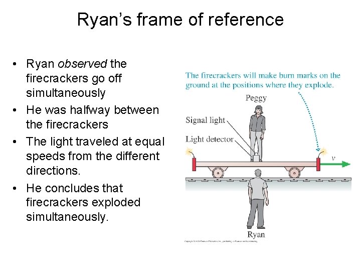 Ryan’s frame of reference • Ryan observed the firecrackers go off simultaneously • He Ryan’s frame of reference • Ryan observed the firecrackers go off simultaneously • He