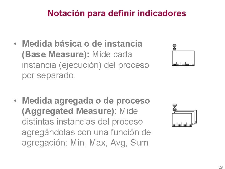 Notación para definir indicadores • Medida básica o de instancia (Base Measure): Mide cada