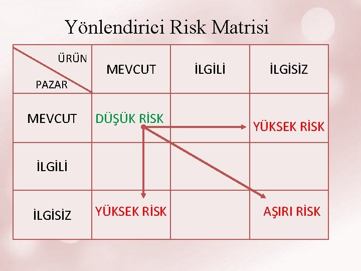 Yönlendirici Risk Matrisi ÜRÜN PAZAR MEVCUT DÜŞÜK RİSK İLGİLİ İLGİSİZ YÜKSEK RİSK AŞIRI RİSK