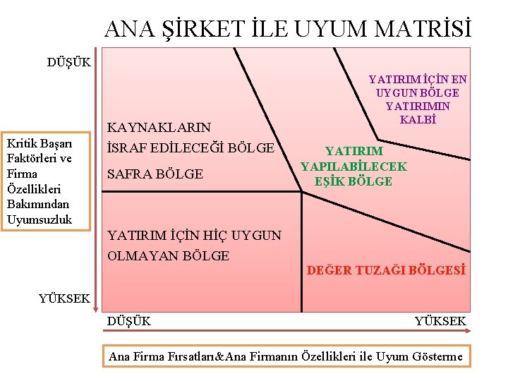 ANA ŞİRKET İLE UYUM MATRİSİ DÜŞÜK Kritik Başarı Faktörleri ve Firma Özellikleri Bakımından Uyumsuzluk