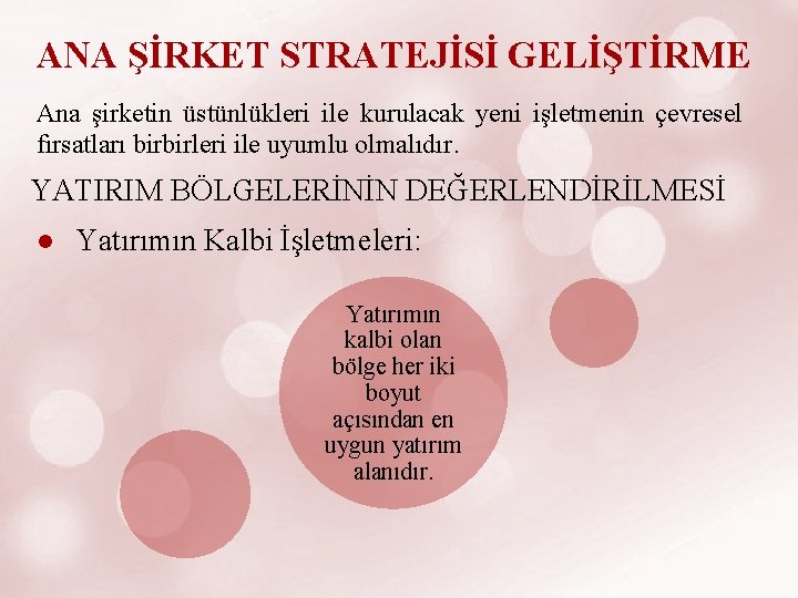 ANA ŞİRKET STRATEJİSİ GELİŞTİRME Ana şirketin üstünlükleri ile kurulacak yeni işletmenin çevresel fırsatları birbirleri