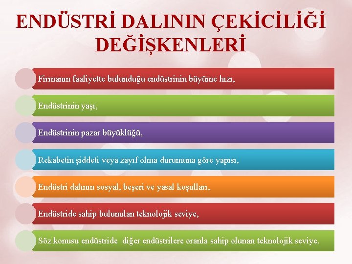 ENDÜSTRİ DALININ ÇEKİCİLİĞİ DEĞİŞKENLERİ Firmanın faaliyette bulunduğu endüstrinin büyüme hızı, Endüstrinin yaşı, Endüstrinin pazar