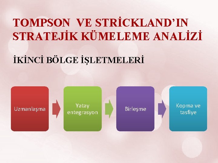 TOMPSON VE STRİCKLAND’IN STRATEJİK KÜMELEME ANALİZİ İKİNCİ BÖLGE İŞLETMELERİ Uzmanlaşma Yatay entegrasyon Birleşme Kopma