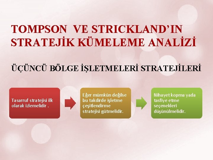 TOMPSON VE STRICKLAND’IN STRATEJİK KÜMELEME ANALİZİ ÜÇÜNCÜ BÖLGE İŞLETMELERİ STRATEJİLERİ Tasarruf stratejisi ilk olarak