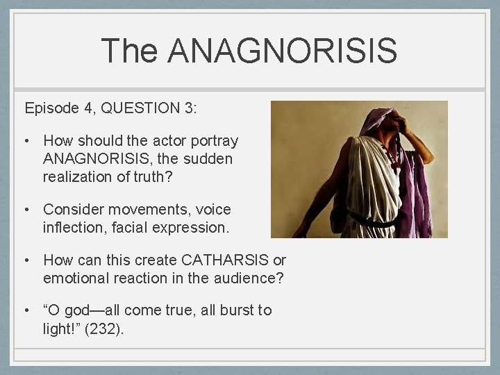 The ANAGNORISIS Episode 4, QUESTION 3: • How should the actor portray ANAGNORISIS, the