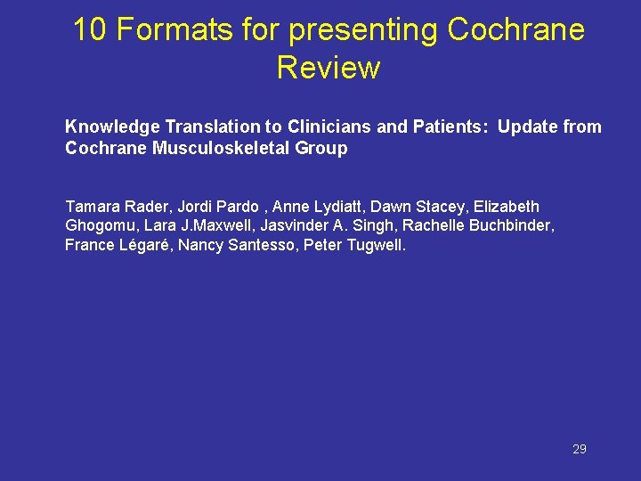 10 Formats for presenting Cochrane Review Knowledge Translation to Clinicians and Patients: Update from