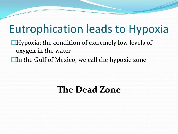 Eutrophication leads to Hypoxia �Hypoxia: the condition of extremely low levels of oxygen in