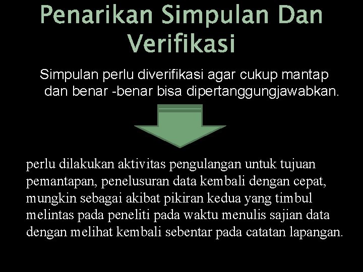 Penarikan Simpulan Dan Verifikasi Simpulan perlu diverifikasi agar cukup mantap dan benar bisa dipertanggungjawabkan.
