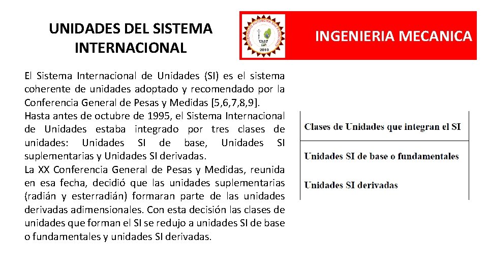 UNIDADES DEL SISTEMA INTERNACIONAL El Sistema Internacional de Unidades (SI) es el sistema coherente