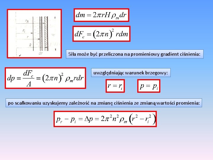 Siła może być przeliczona na promieniowy gradient ciśnienia: uwzględniając warunek brzegowy: po scałkowaniu uzyskujemy