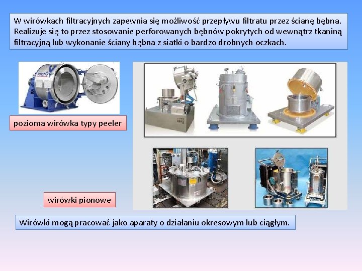 W wirówkach filtracyjnych zapewnia się możliwość przepływu filtratu przez ścianę bębna. Realizuje się to