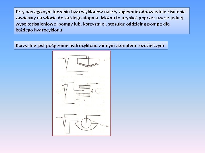 Przy szeregowym łączeniu hydrocyklonów należy zapewnić odpowiednie ciśnienie zawiesiny na wlocie do każdego stopnia.