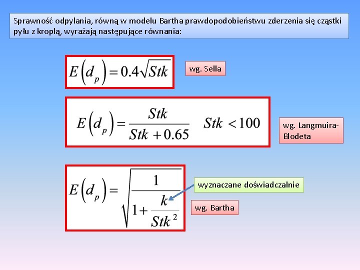 Sprawność odpylania, równą w modelu Bartha prawdopodobieństwu zderzenia się cząstki pyłu z kroplą, wyrażają