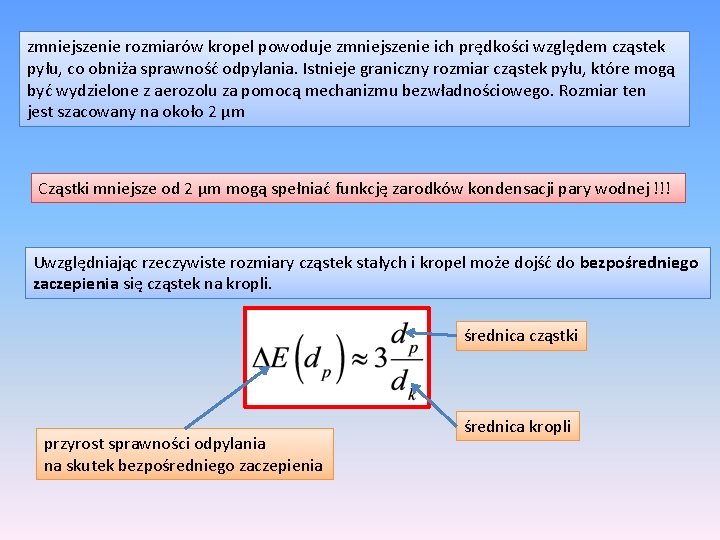 zmniejszenie rozmiarów kropel powoduje zmniejszenie ich prędkości względem cząstek pyłu, co obniża sprawność odpylania.