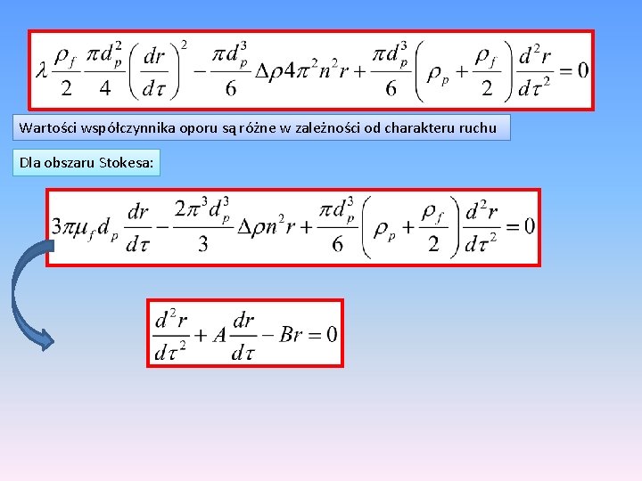 Wartości współczynnika oporu są różne w zależności od charakteru ruchu Dla obszaru Stokesa: 
