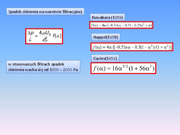 Spadek ciśnienia na warstwie filtracyjnej Kuwabara (1959) Happel(1958) Davies(1952) w stosowanych filtrach spadek ciśnienia