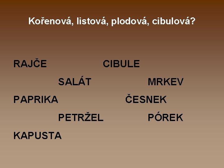 Kořenová, listová, plodová, cibulová? RAJČE CIBULE SALÁT PAPRIKA MRKEV ČESNEK PETRŽEL KAPUSTA PÓREK 