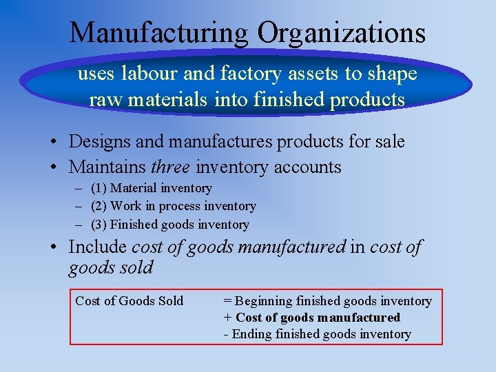 Manufacturing Organizations uses labour and factory assets to shape raw materials into finished products