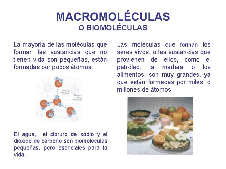 MACROMOLÉCULAS O BIOMOLÉCULAS La mayoría de las moléculas que forman las sustancias que no