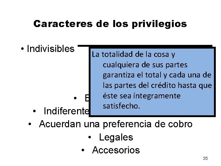 Caracteres de los privilegios • Indivisibles La totalidad de la cosa y cualquiera de