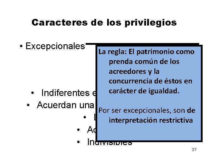 Caracteres de los privilegios • Excepcionales La regla: El patrimonio como prenda común de