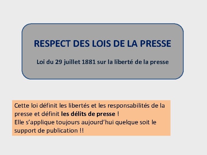 RESPECT DES LOIS DE LA PRESSE Loi du 29 juillet 1881 sur la liberté