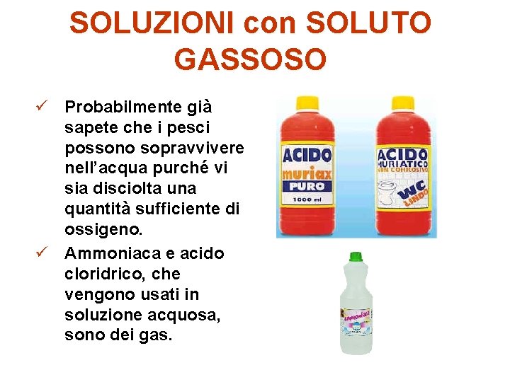 SOLUZIONI con SOLUTO GASSOSO ü Probabilmente già sapete che i pesci possono sopravvivere nell’acqua