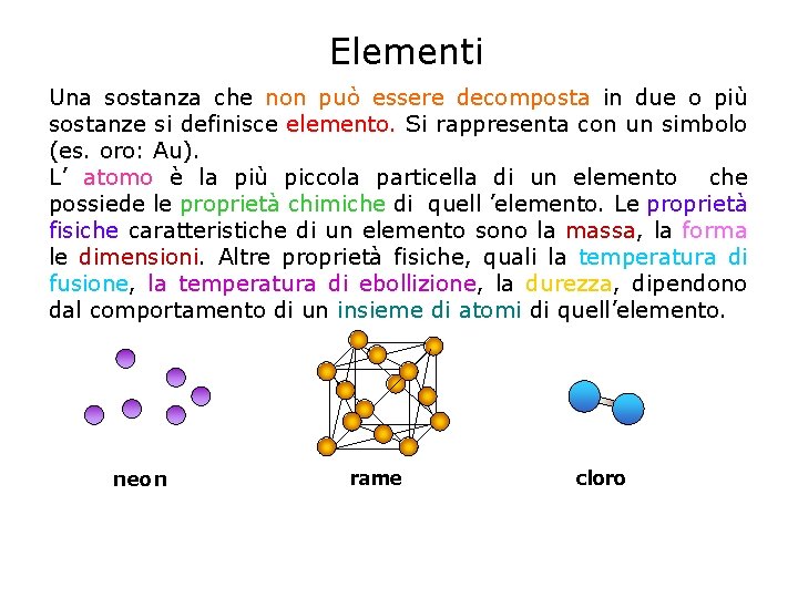 Elementi Una sostanza che non può essere decomposta in due o più sostanze si