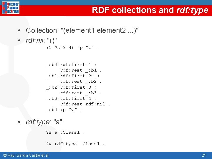 RDF collections and rdf: type • Collection: "(element 1 element 2. . . )"