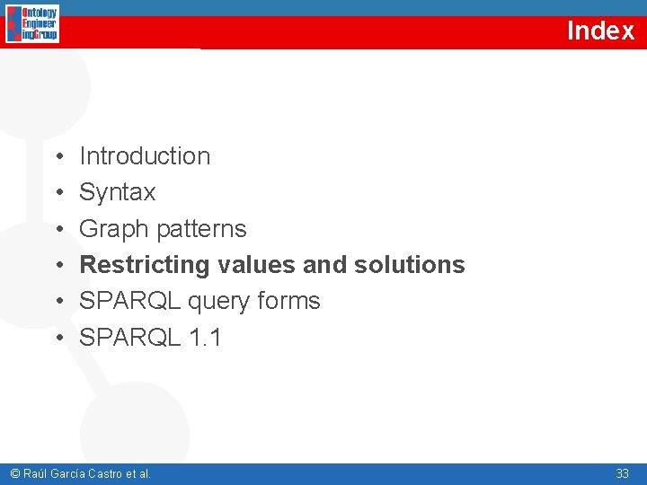 Index • • • Introduction Syntax Graph patterns Restricting values and solutions SPARQL query