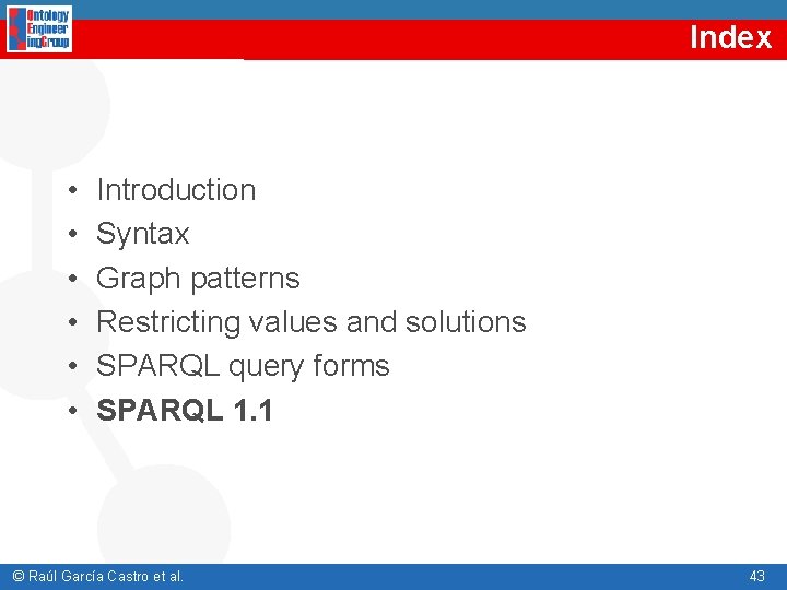 Index • • • Introduction Syntax Graph patterns Restricting values and solutions SPARQL query