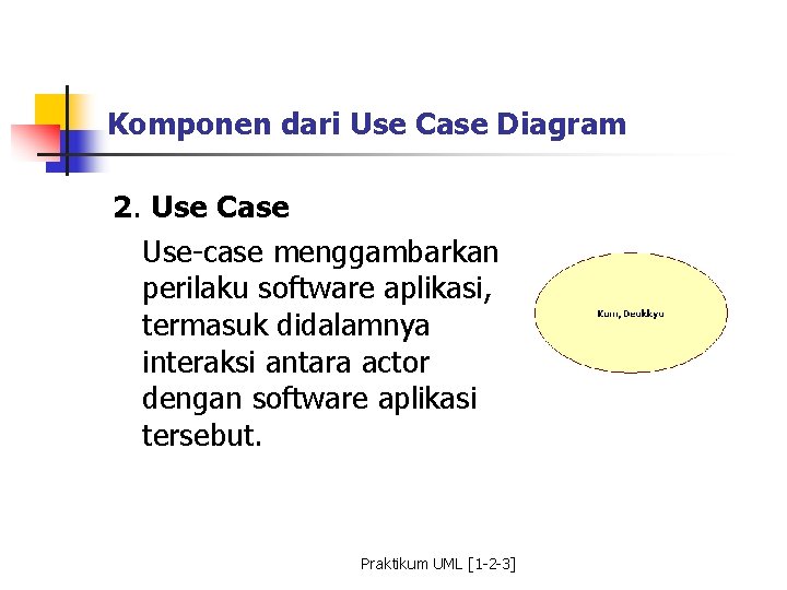 Komponen dari Use Case Diagram 2. Use Case Use-case menggambarkan perilaku software aplikasi, termasuk