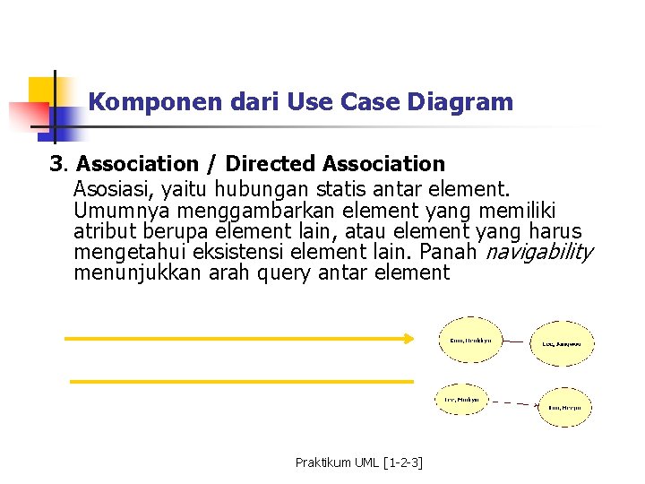 Komponen dari Use Case Diagram 3. Association / Directed Association Asosiasi, yaitu hubungan statis