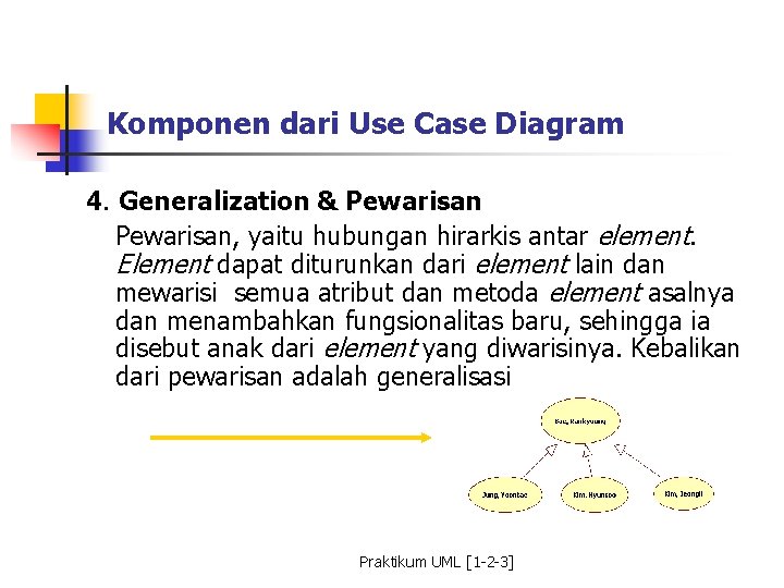 Komponen dari Use Case Diagram 4. Generalization & Pewarisan, yaitu hubungan hirarkis antar element.