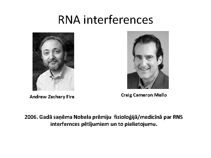 RNA interferences Andrew Zachary Fire Craig Cameron Mello 2006. Gadā saņēma Nobela prēmiju fizioloģijā/medicīnā