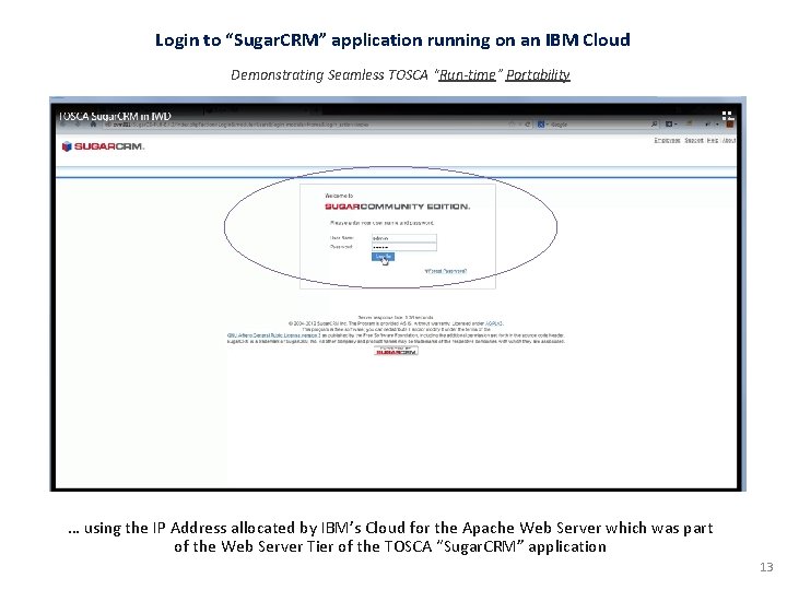 Login to “Sugar. CRM” application running on an IBM Cloud Demonstrating Seamless TOSCA “Run-time”